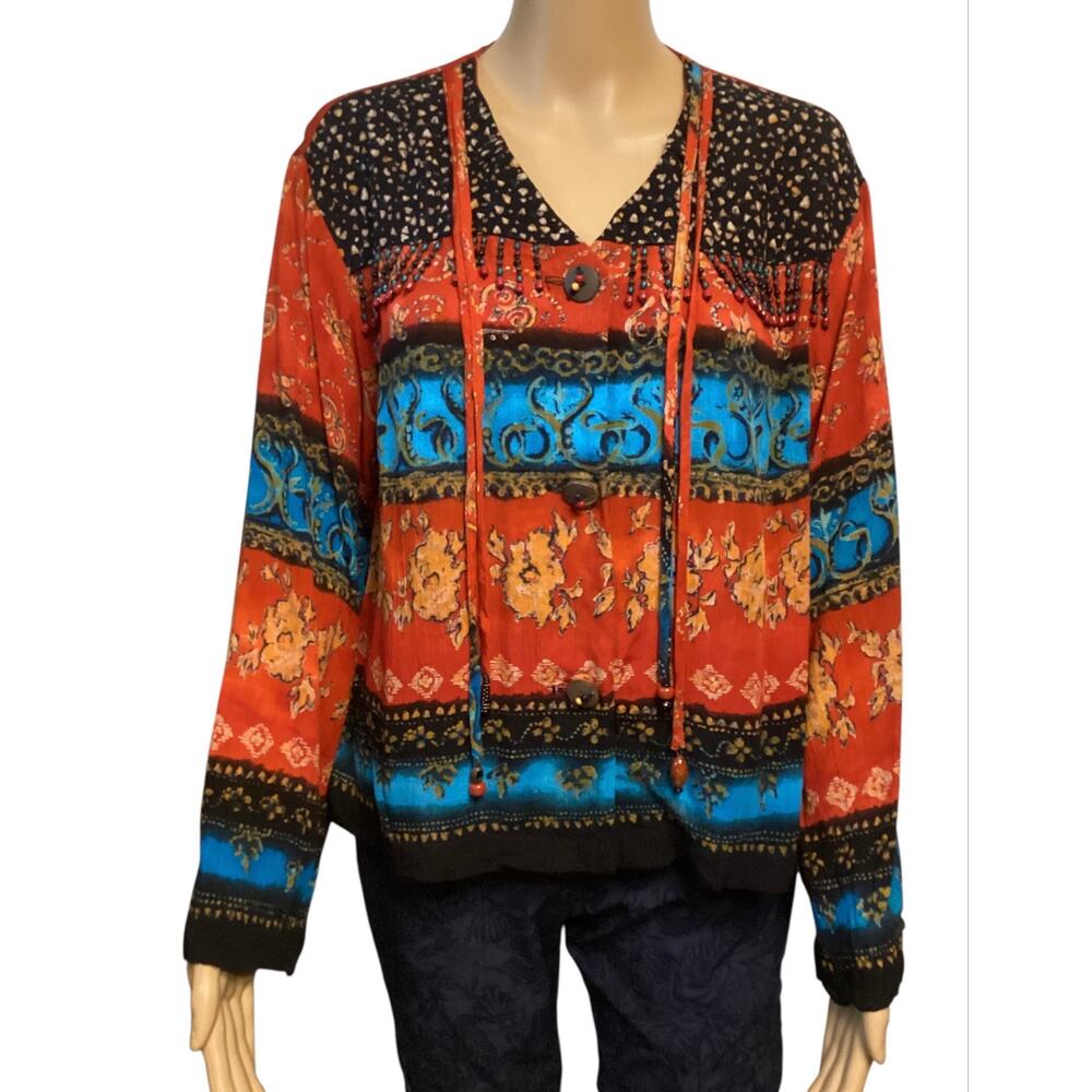 Vintage 90s Carole Little Boho Beaded Fringe Blouse Jacket Floral Tribal Rayon 8